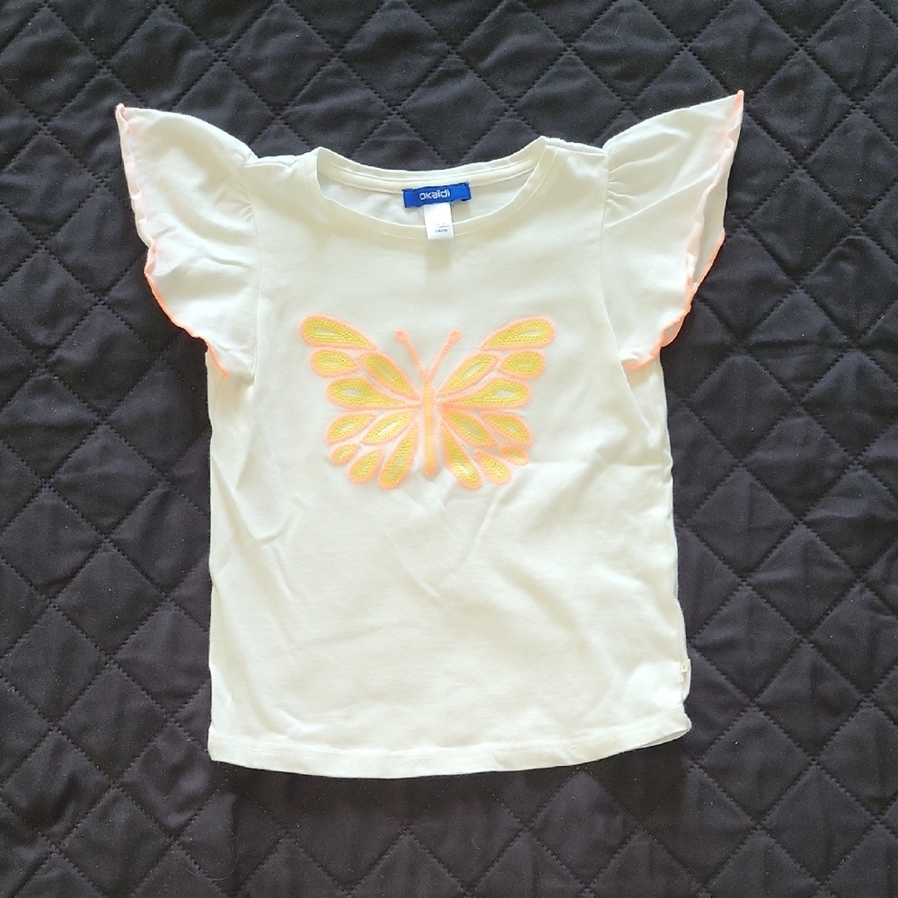 🩷3/20$ Girl Cream and Orange Short Sleeve Tee with Butterfly Design